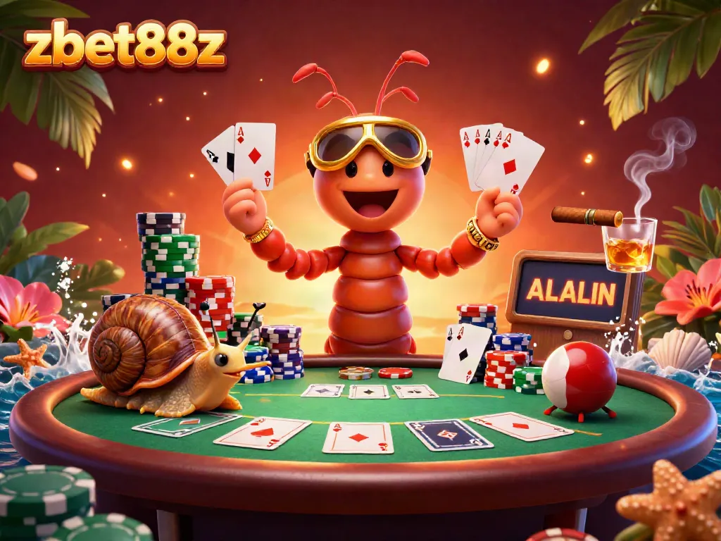 Experience thrilling poker action with zbet88z through this vibrant casino scene featuring a dynamic cartoon dealer and high-roller.