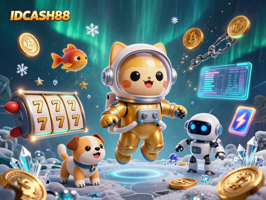 Engage with IDCASH88's thrilling casino action featuring a 3D space theme complete with astronaut cat and robot dog.