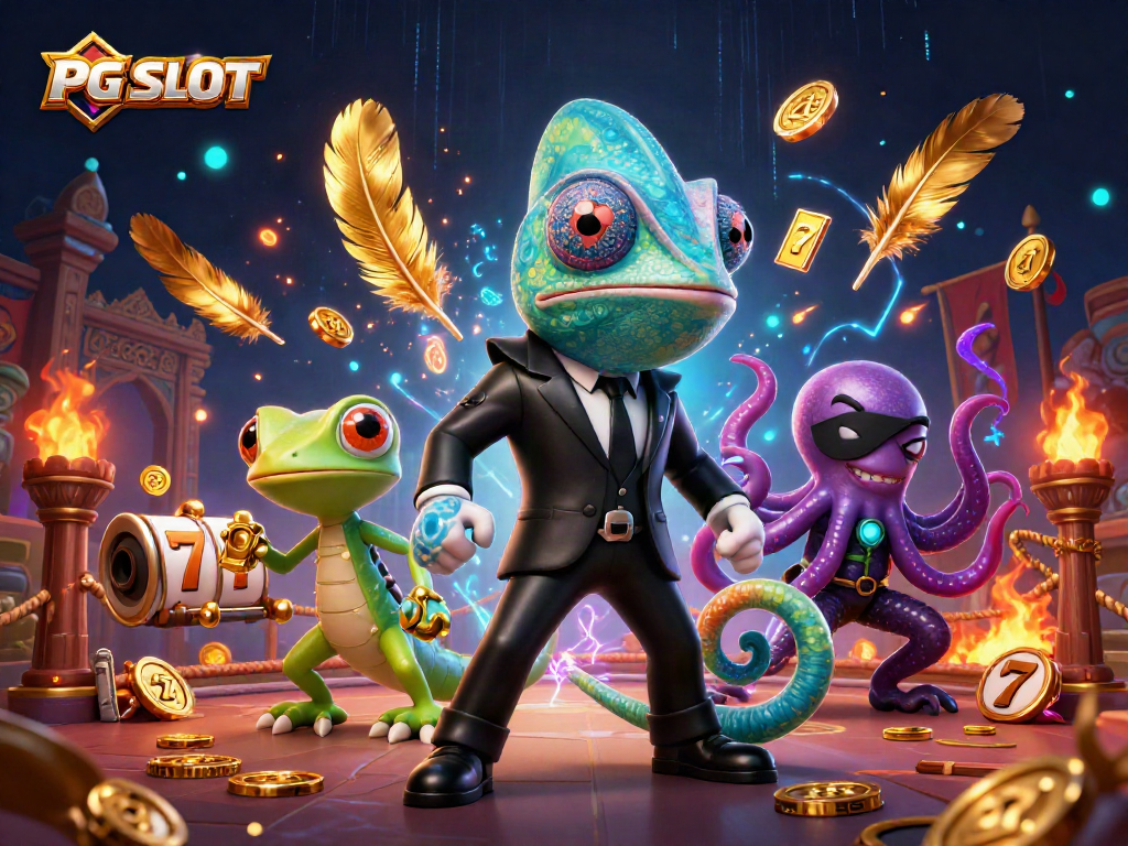 Immerse in the excitement of PG SLOT with a vibrant 3D casino illustration featuring dynamic characters and thrilling game elements.