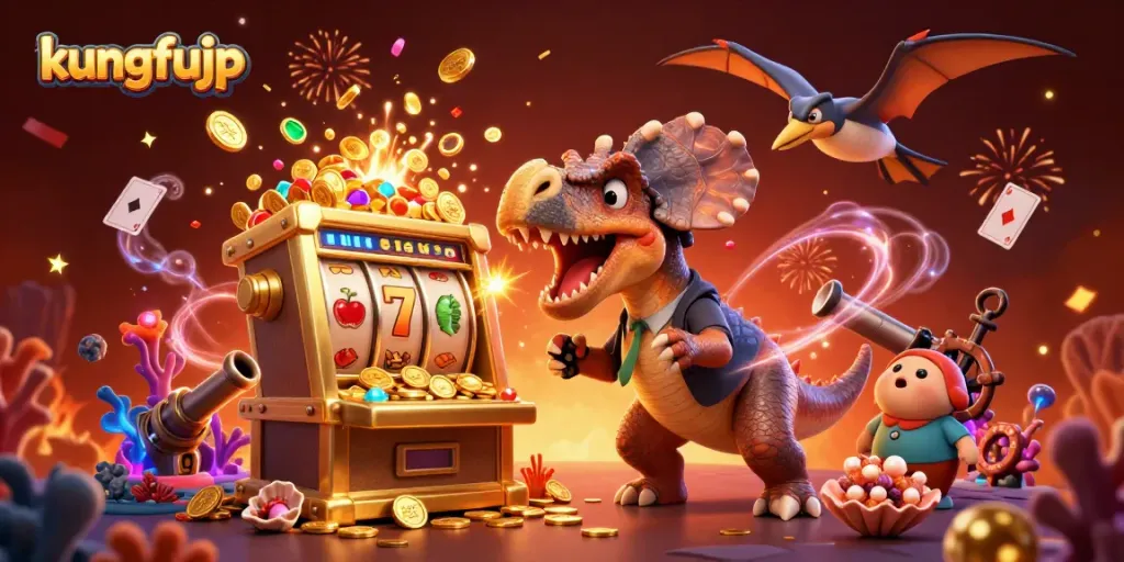 Dalam permainan kungfujp, lihat dinosaurus berusaha memenangkan jackpot dengan mesin slot yang meledak.