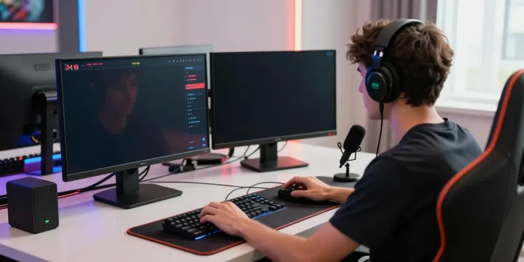 User engaging with H19 online betting platform in dynamic gaming setup featuring dual monitors and modern accessories.
