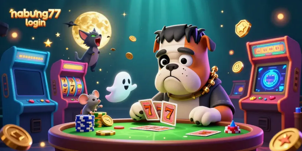 Engage with nabung77 login at a vibrant casino-themed scene featuring a Frankenstein bulldog dealer and gold-themed elements.