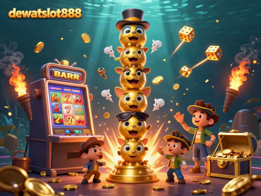 Permainan slot dengan jackpot meriah di dewataslot888, totem slot ceria dan simbol berkilauan.