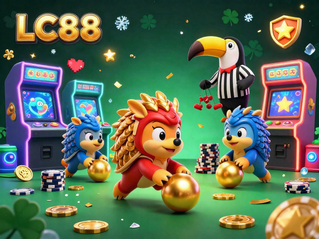 Engage with the dynamic world of LC88, featuring rival pangolins rolling into golden balls amidst poker chips.