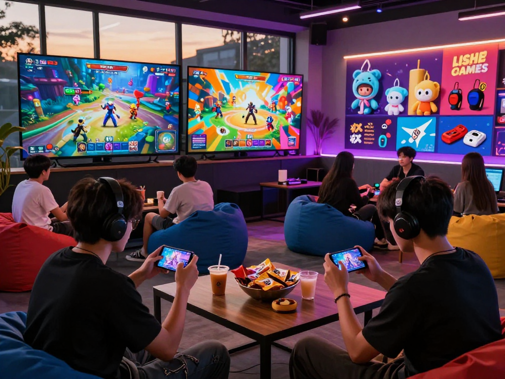 Players enjoying 51games in a vibrant gaming lounge with cozy seating and colorful displays.