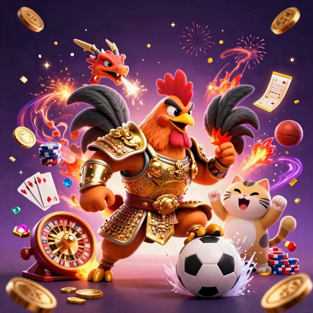 Rooster warrior, dragon hatchling, and fortune-cat amid explosive football, casino lights, coins, and sparks.