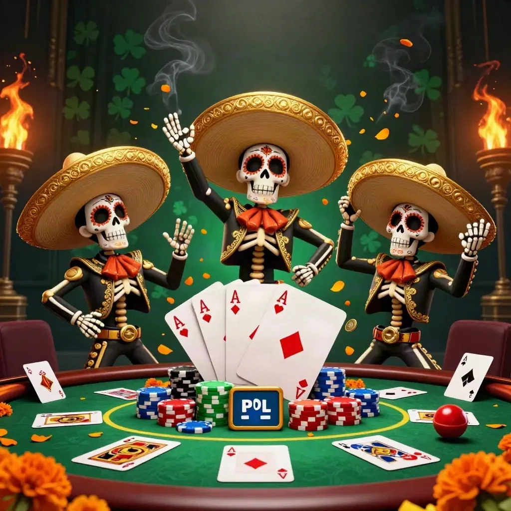 Three skeleton mariachi mascots celebrate over a poker table with chips, cards, coins, and fiery casino glow.