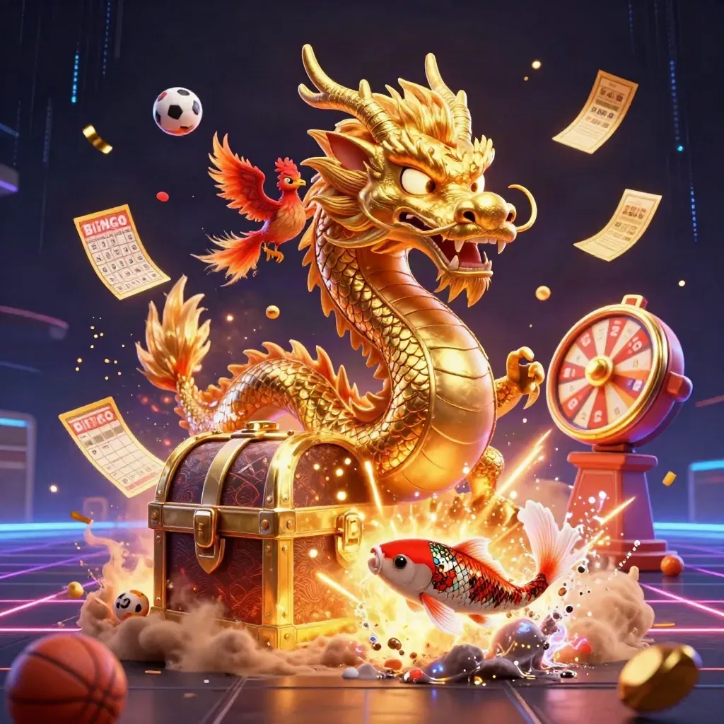 Golden dragon with phoenix, koi, lottery balls and casino game pieces in a neon arcade burst