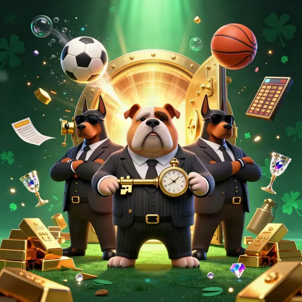 Bulldog gangsters burst from a vault with gold, gems, and sports balls in neon casino light