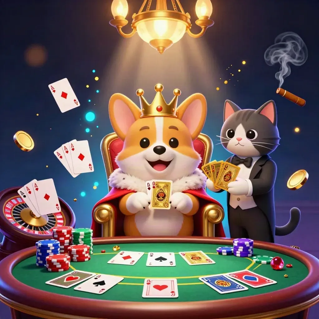 Crowned corgi and cat butler amid casino chips, cards, roulette glow, and blue-gold magic.