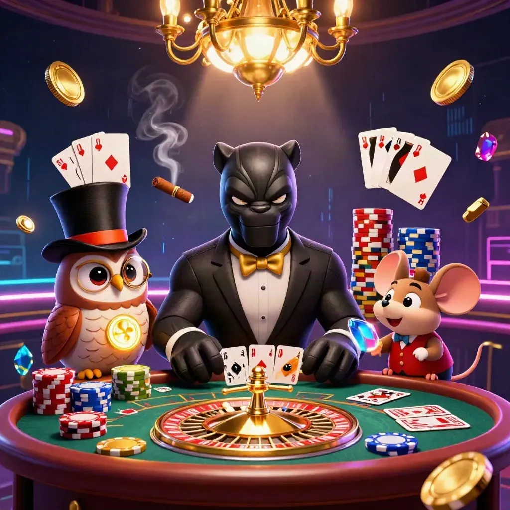 Panther dealer, owl with chips, and mouse in a neon casino room with coins, gems, and a spinning wheel.