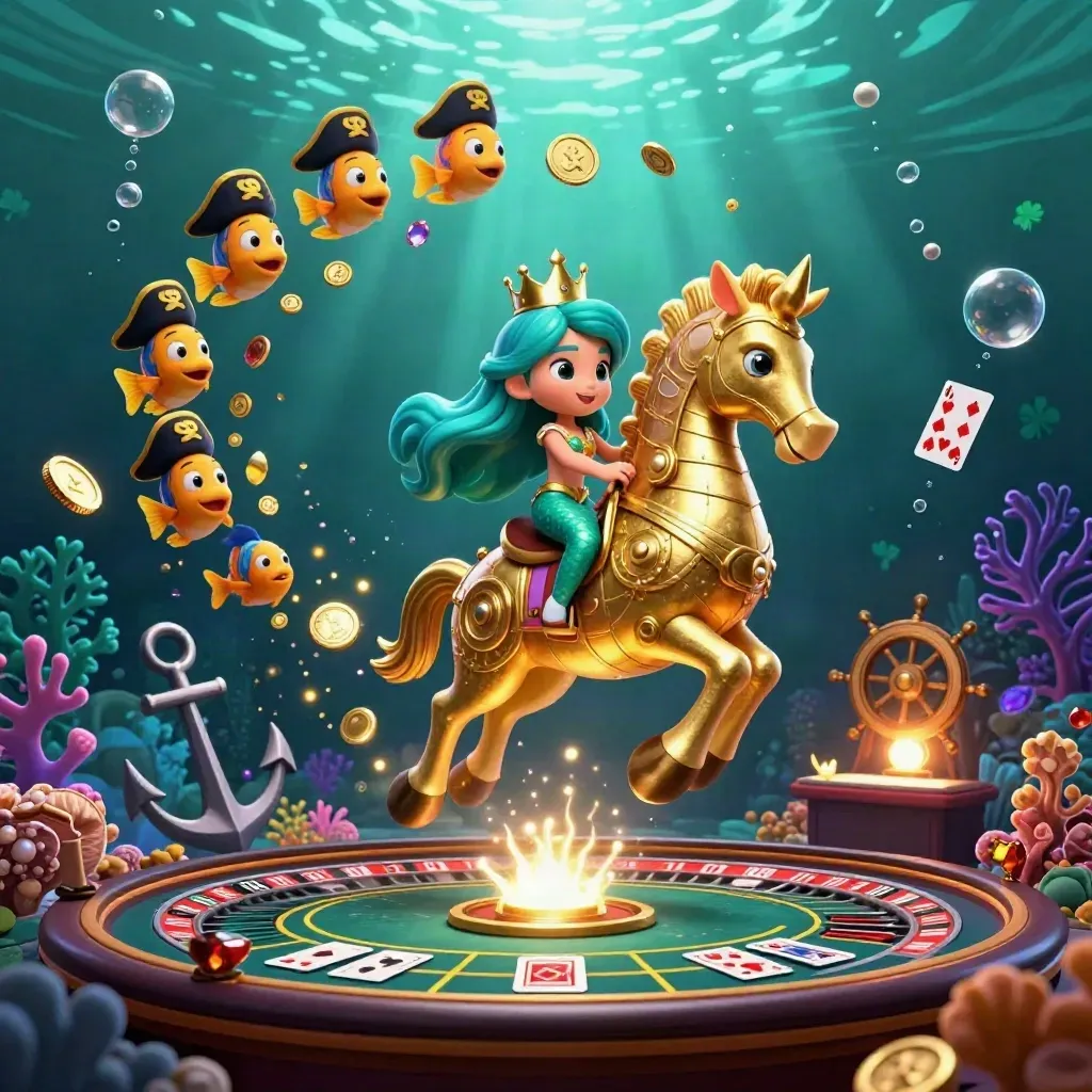 Mermaid princess rides armored seahorse amid pirate fish, coins, cards, and a glowing underwater casino