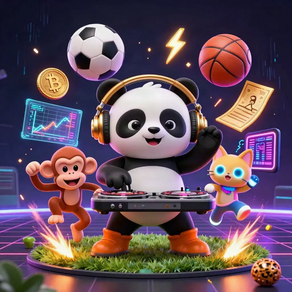 DJ panda, monkey, and glow-stick kitten amid neon sports-casino energy.