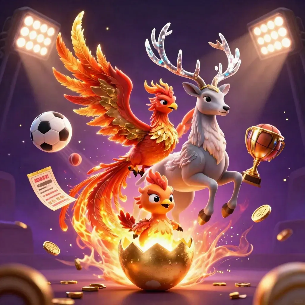 Fire phoenix, hatching chick, and crystal stag amid flying sports balls, coins, and blazing casino lights.