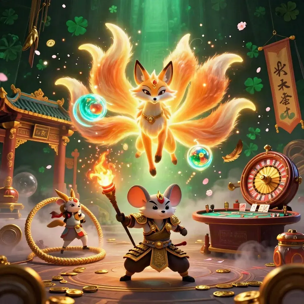 Nine-tailed fox spirit and armored mouse amid casino relics, gold light and emerald fog