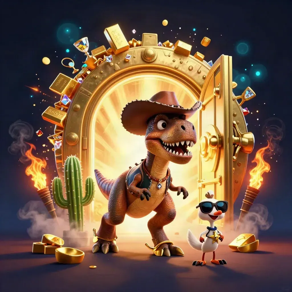 Cowboy T-Rex, cactus sidekick, and sheriff roadrunner burst from a glowing treasure vault