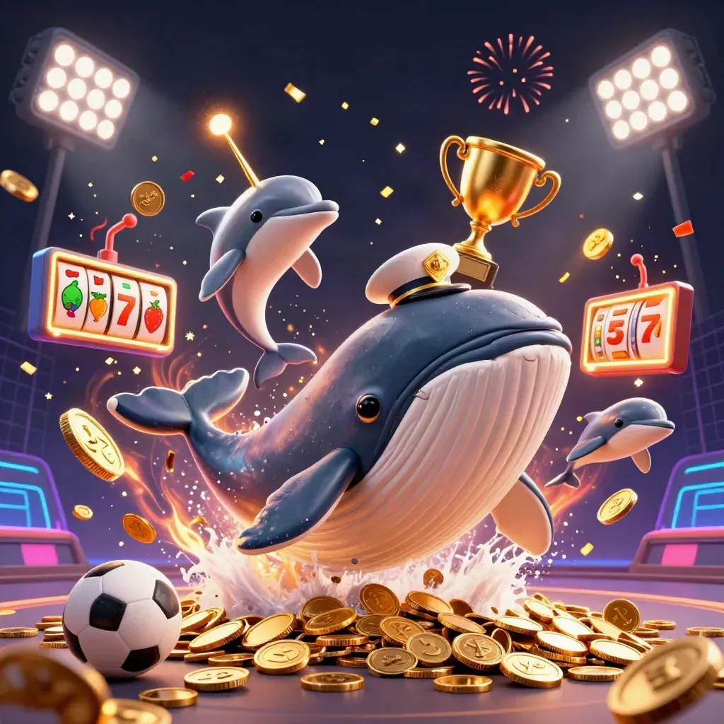 Whale captain, narwhal, and dolphins burst through coins with neon sports and casino effects.