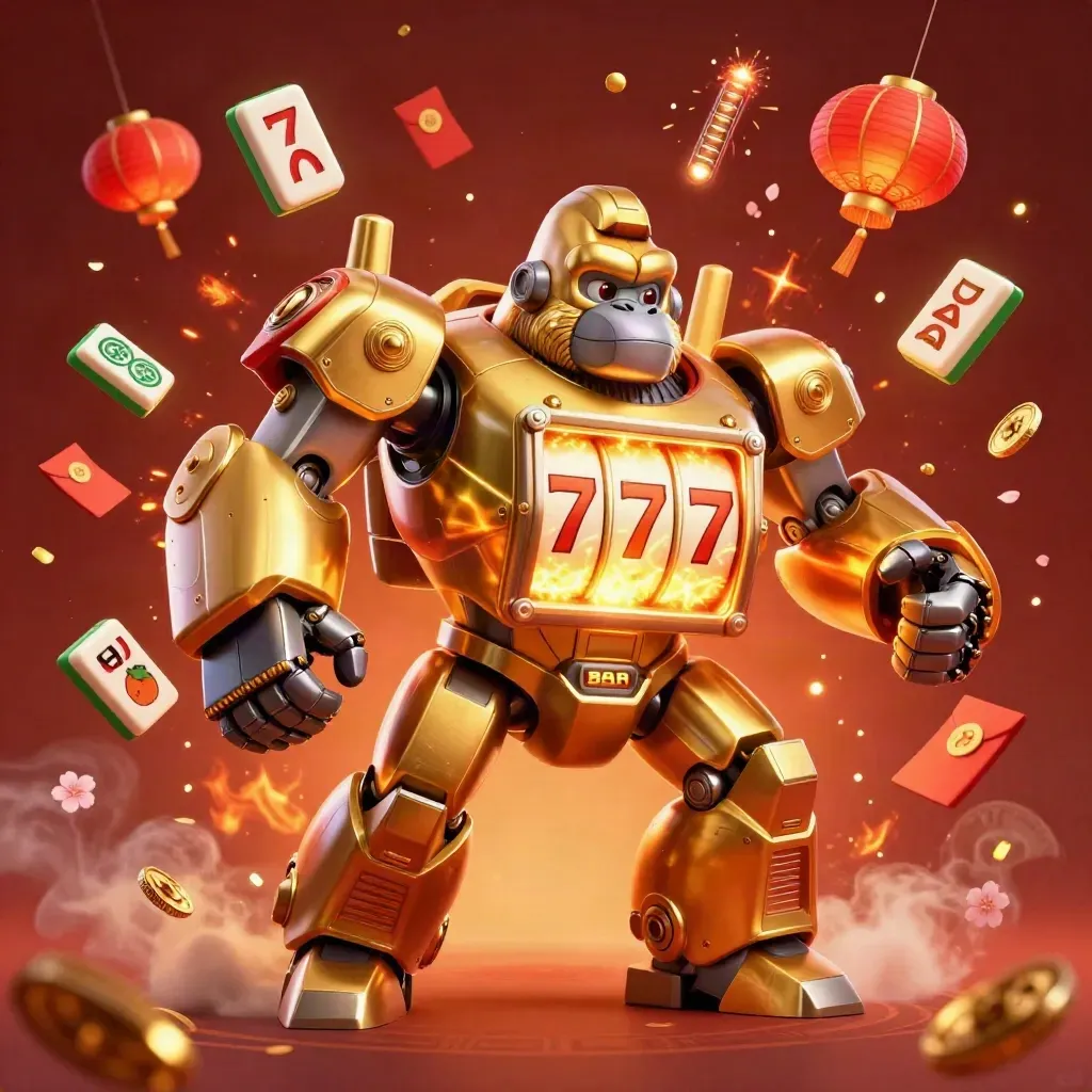 Golden gorilla mech and monkey pilot amid lanterns, jade coins, petals, and firework bursts.