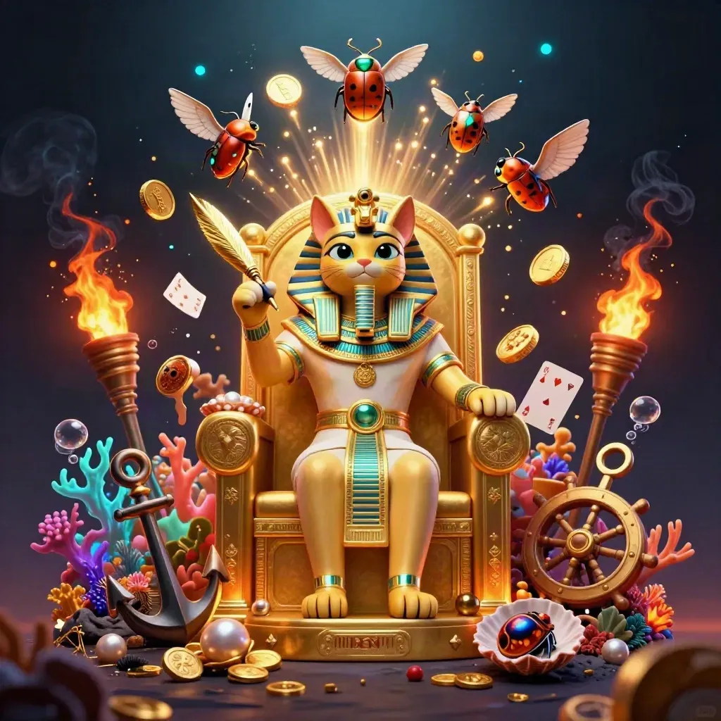 Pharaoh cat on a throne with ibis scribe and gem-wing scarabs in a treasure cove explosion.