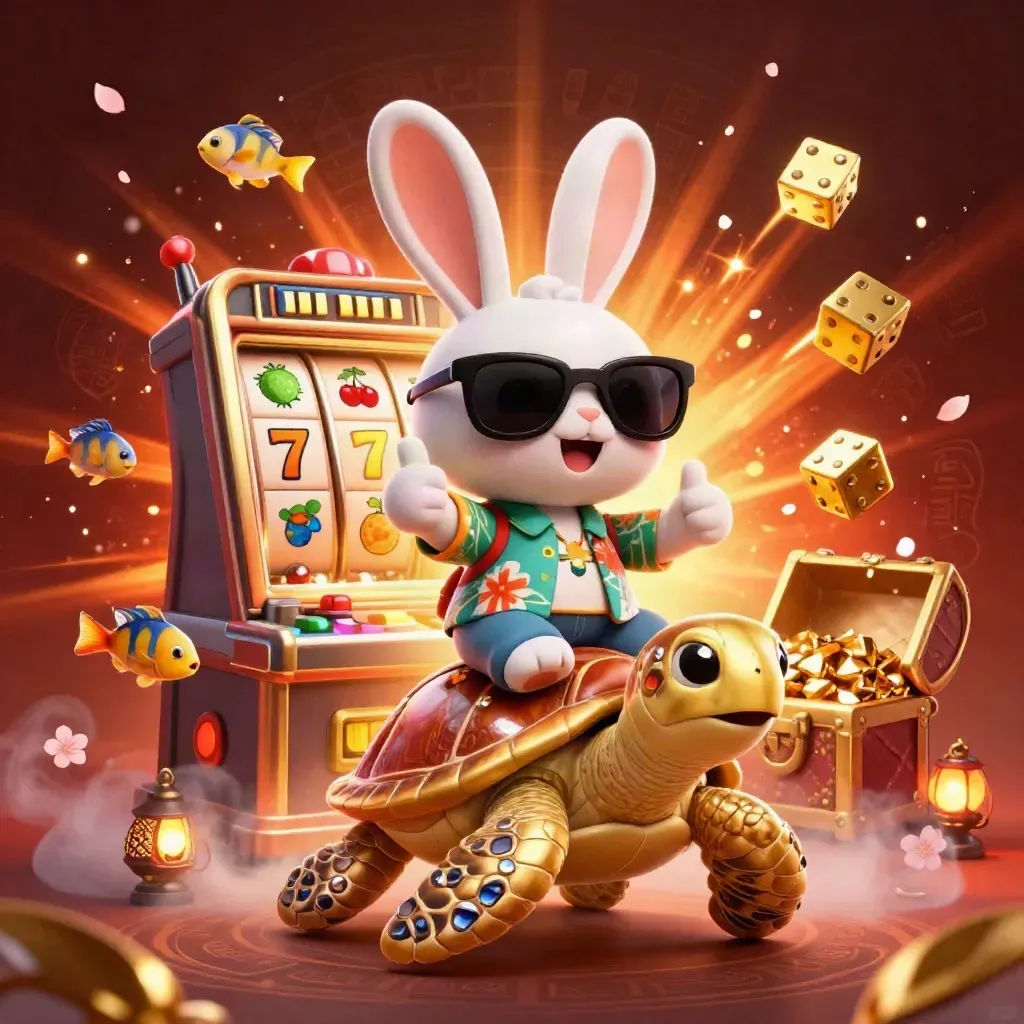 Lucky rabbit rides a gem sea turtle amid casino loot, glowing reels, and gold bursts