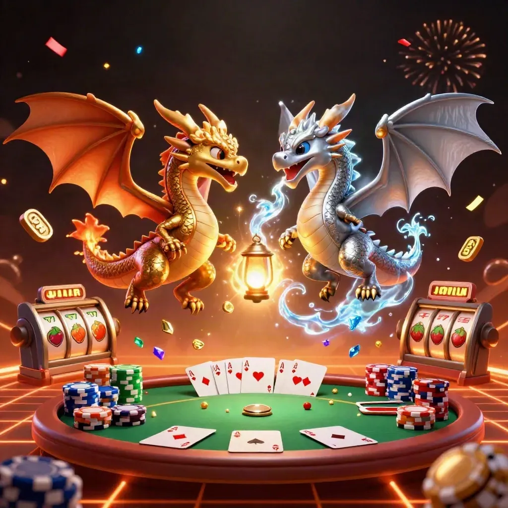 Twin gold and silver dragons swirl around a lantern spirit over a glowing casino scene.