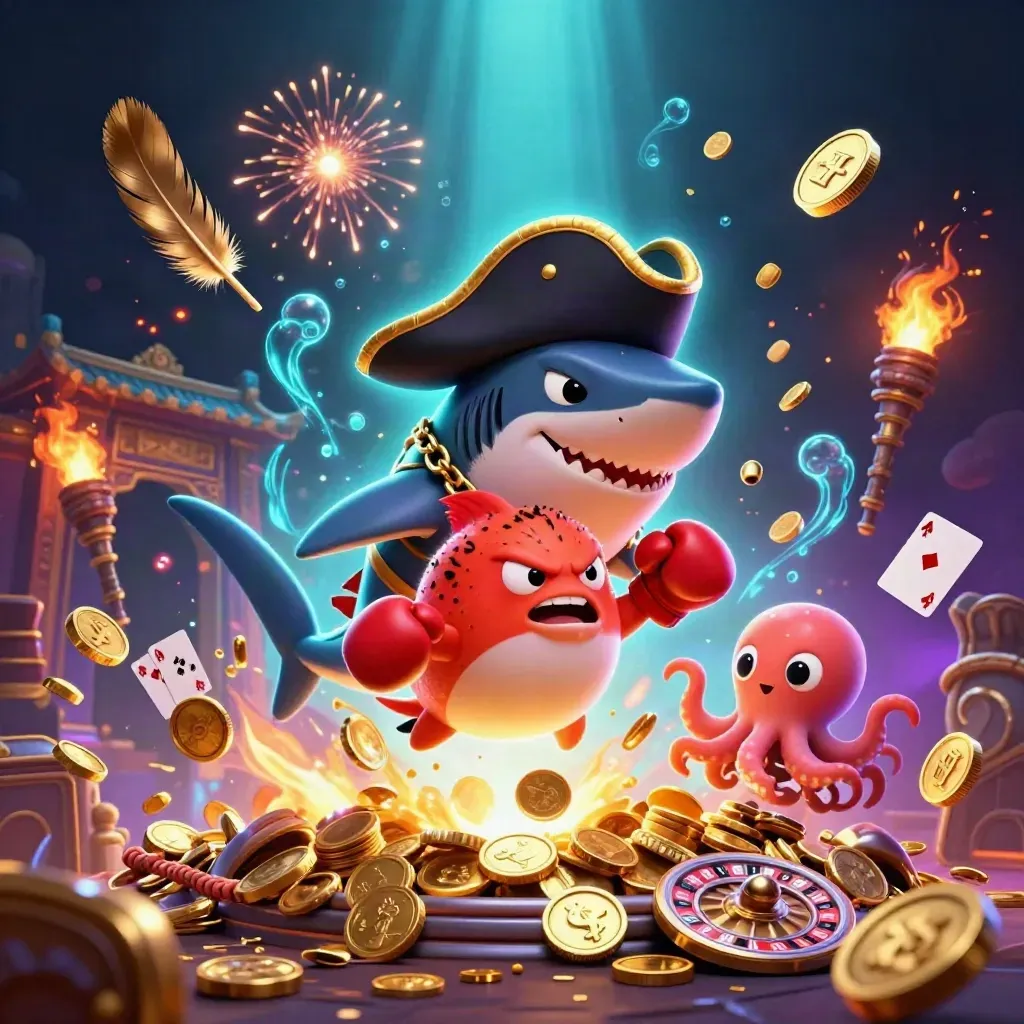 Pirate shark, boxing pufferfish and coin-juggling octopus amid vault gold, neon casino glow.