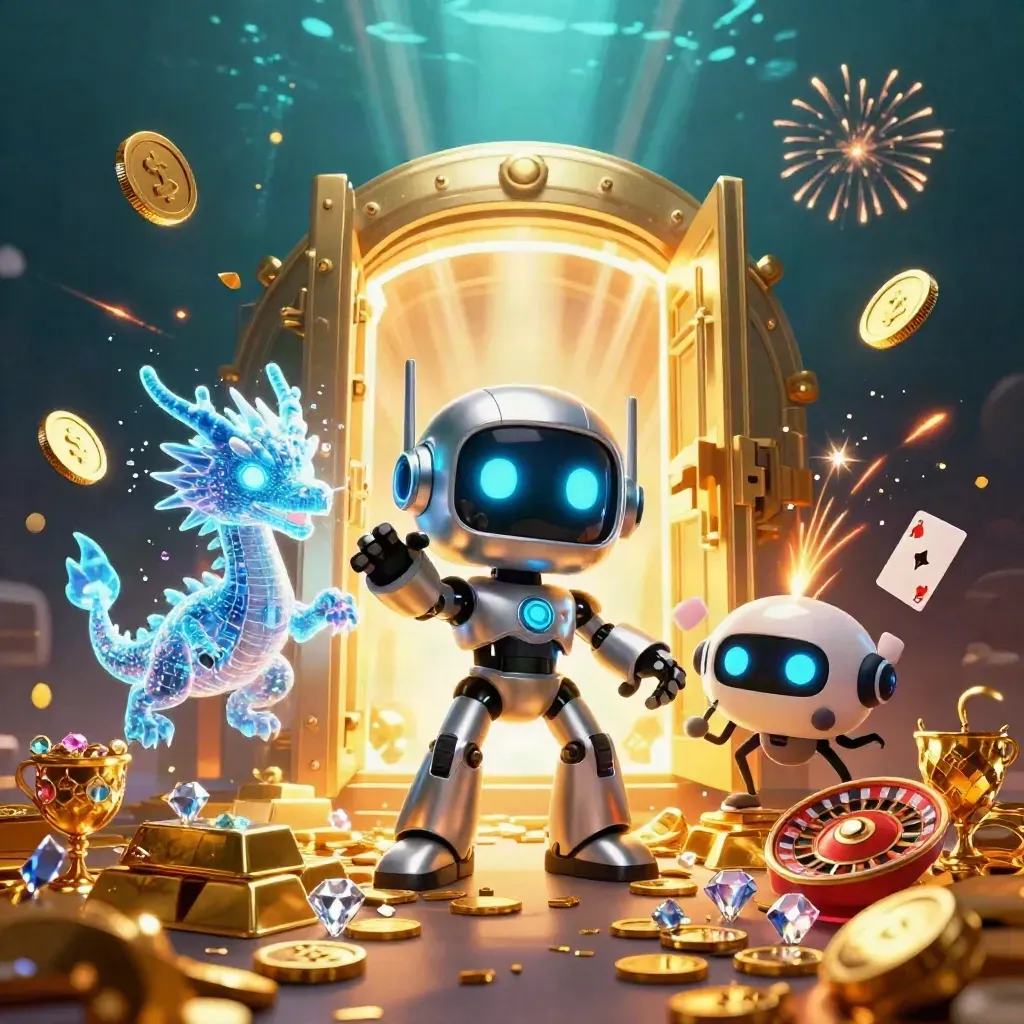 Robot, holographic dragon and coin drone bursting from a vault with gold, gems, and fireworks.
