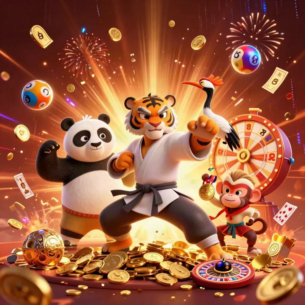 Tiger, panda, and monkey amid bursting gold coins, fireworks, and casino game symbols.