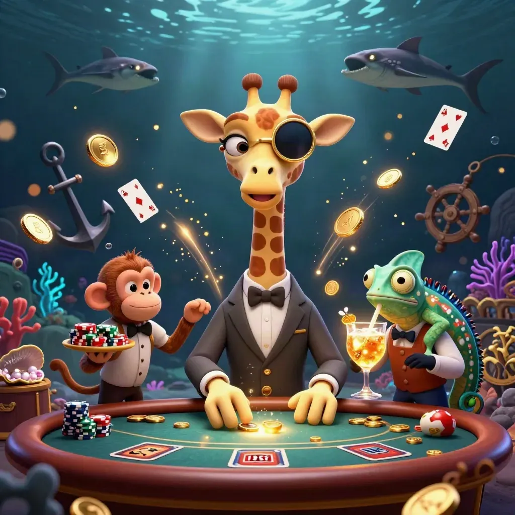 Cartoon giraffe, monkey, and chameleon celebrate amid gold coins and underwater treasure