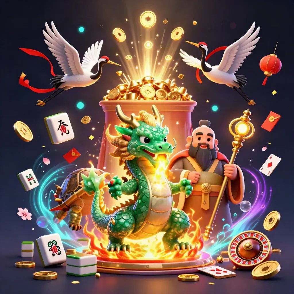 Jade dragon, turtle sage, and cranes amid coins, lanterns, fireworks, and gold treasure.