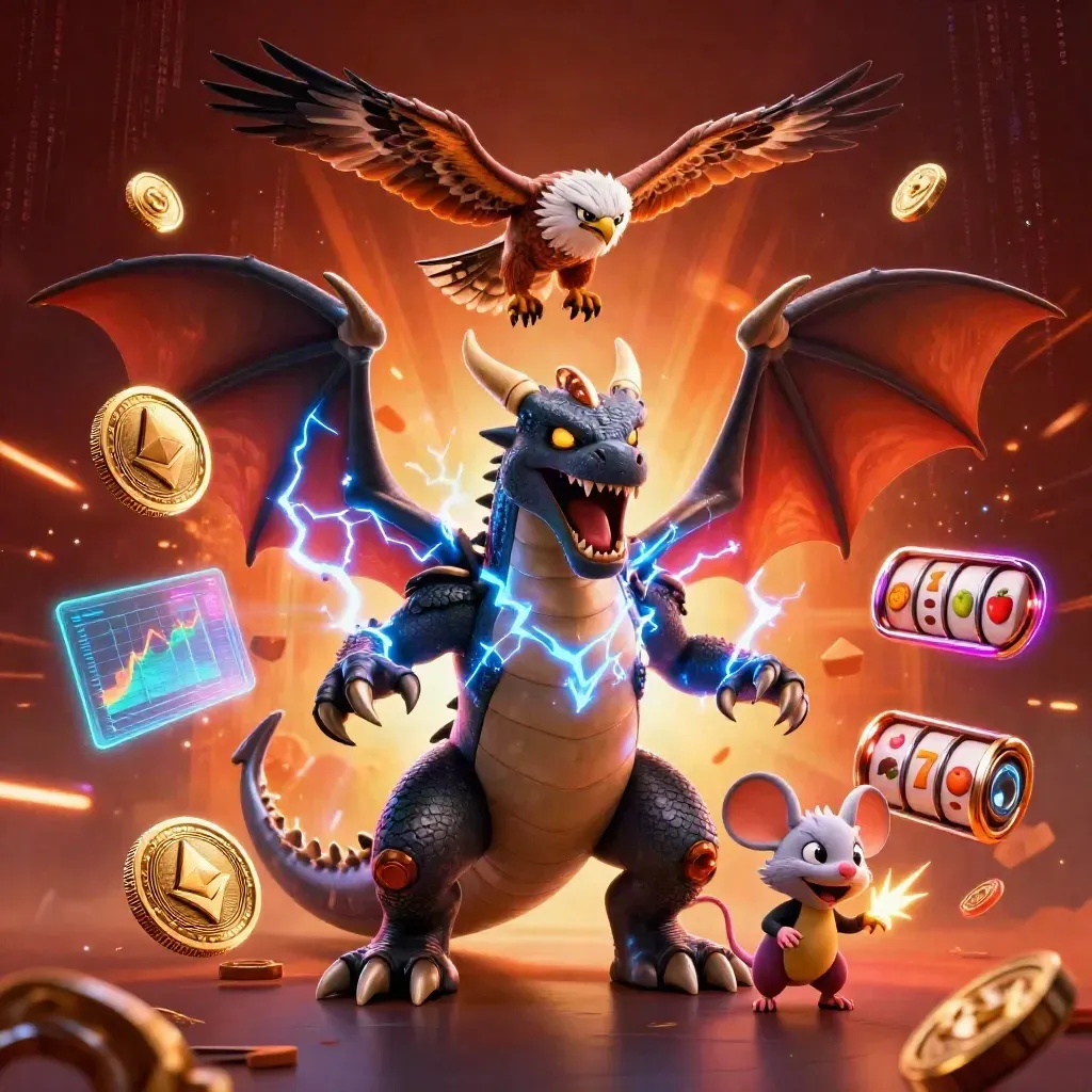 Thunder dragon, wind hawk, and static mouse amid coins, slot reels, and glowing arcade energy.