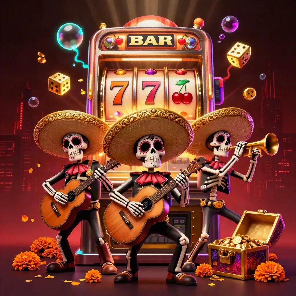Skeleton mariachi trio amid exploding slot reels, gold, petals, and neon glow on a dark casino backdrop.