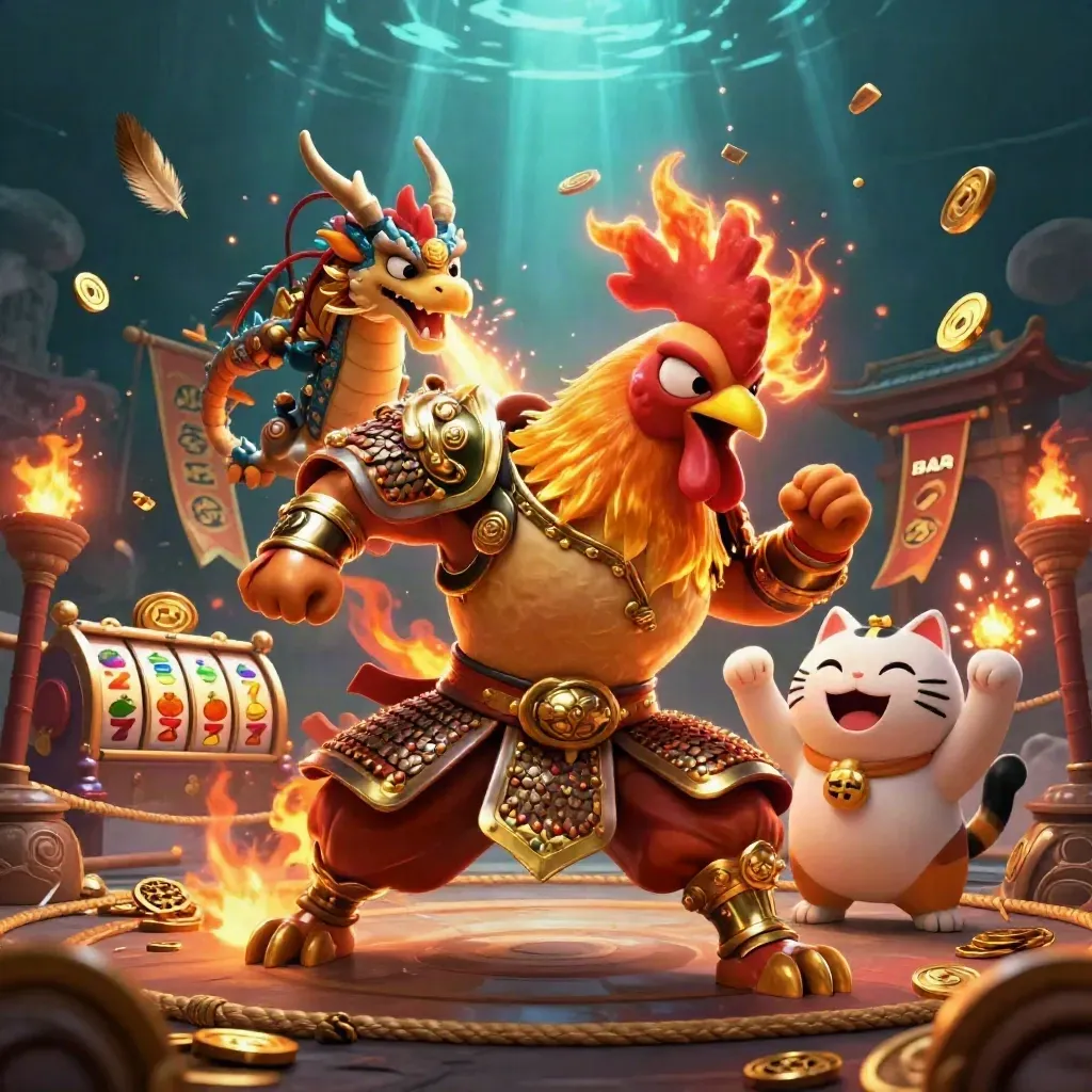 Rooster samurai, dragon hatchling, and fortune cat in a glowing casino battle splash.
