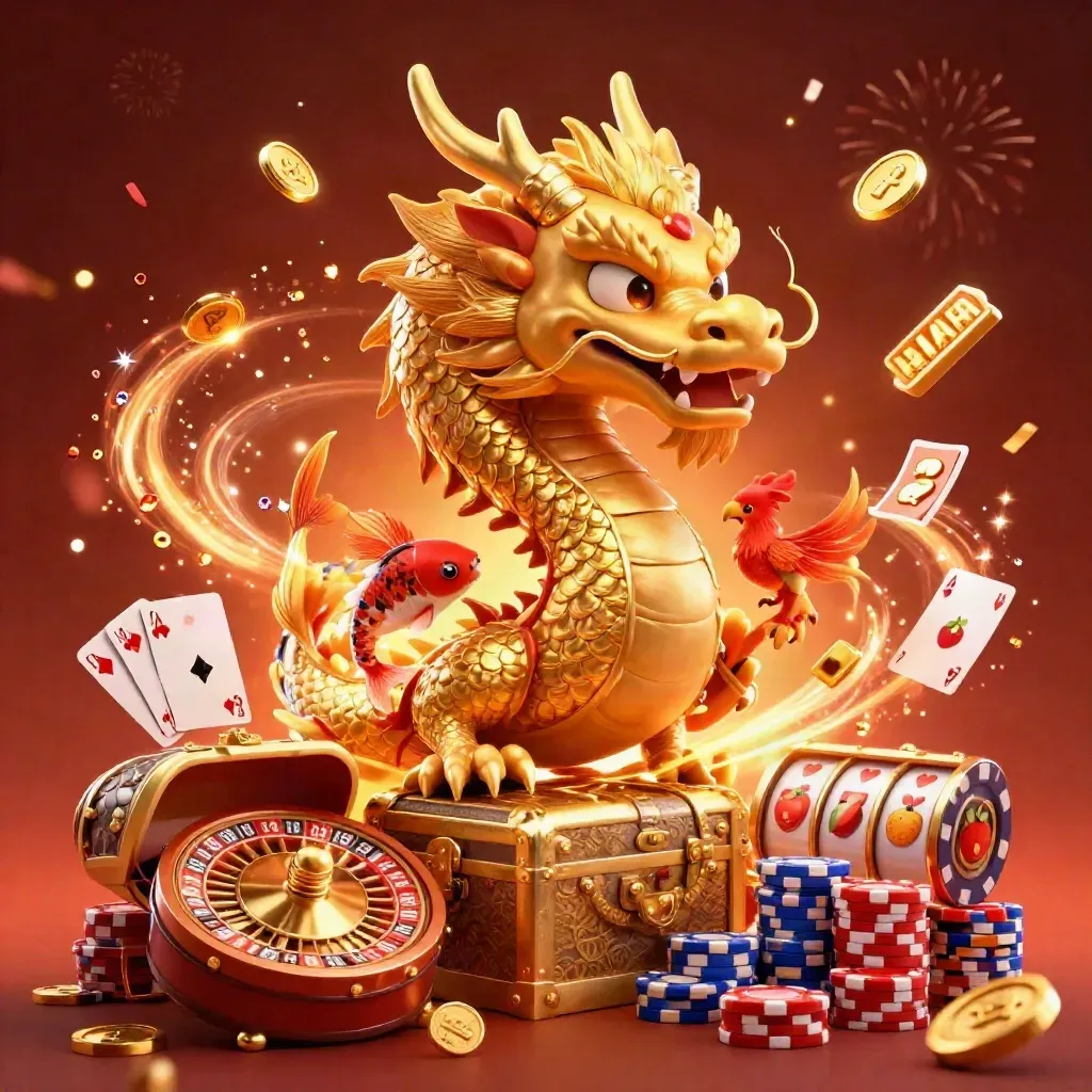 Golden dragon, phoenix, koi and casino symbols bursting from a treasure chest on a dark ember glow.