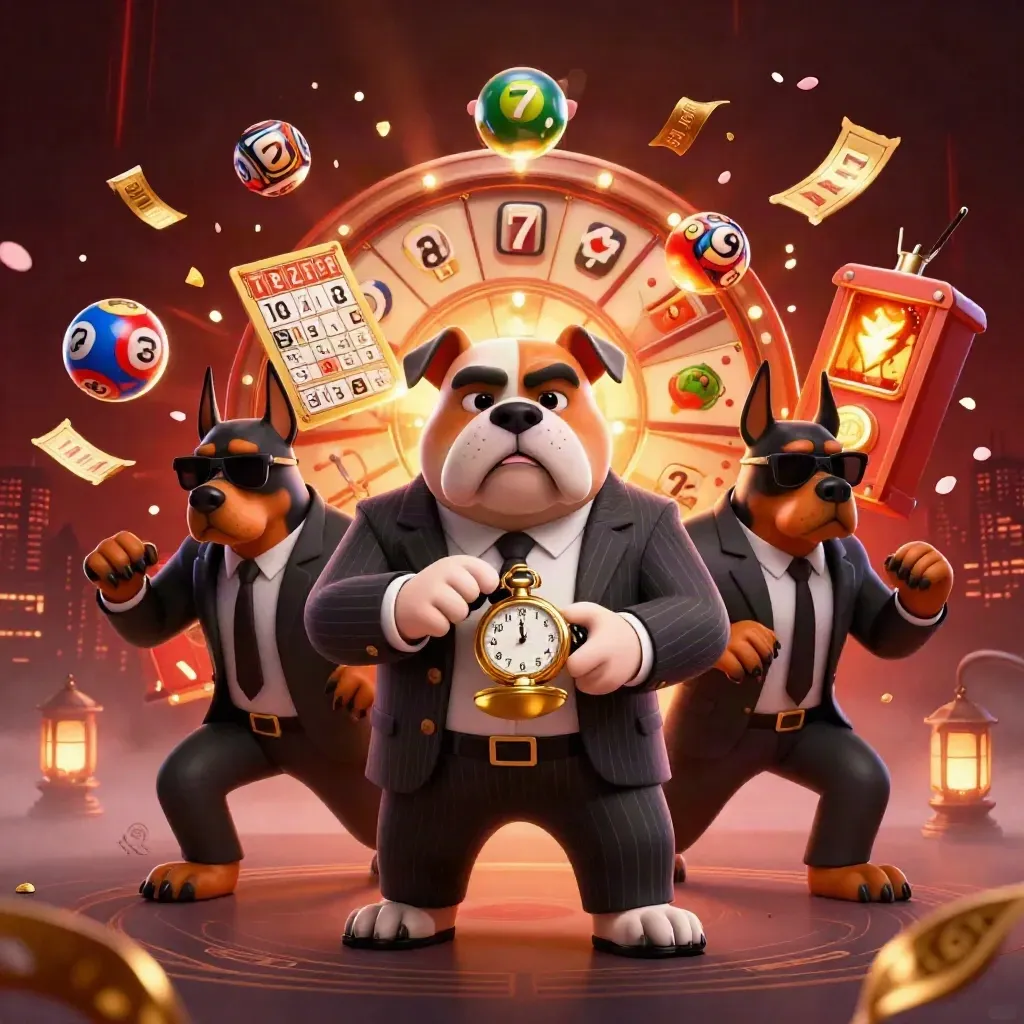 Bulldog mob boss and two Dobermans explode amid casino reels, gold tickets, and glowing runes.