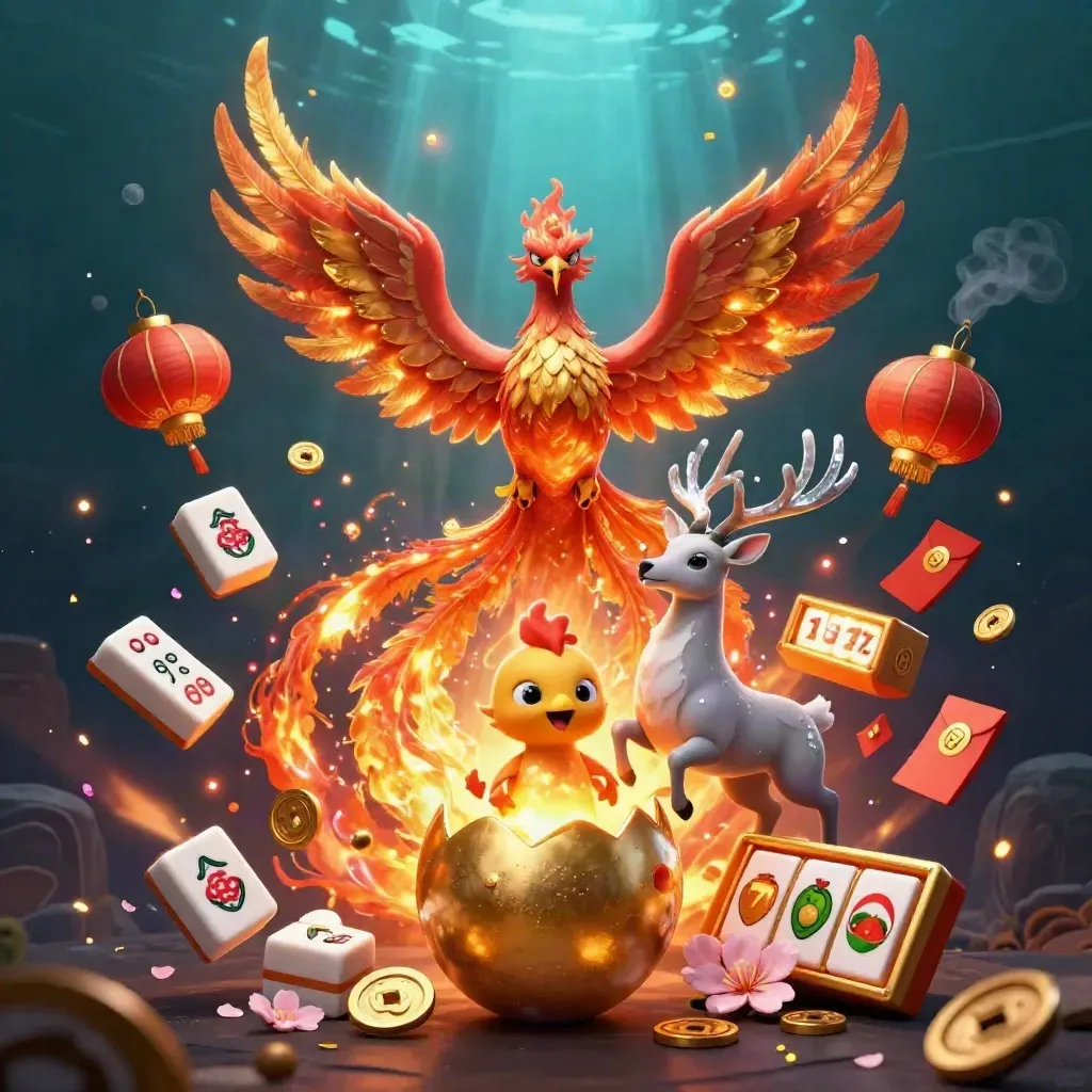 Phoenix trio with casino charms, jade coins, lanterns, and ember glow over dark teal water.