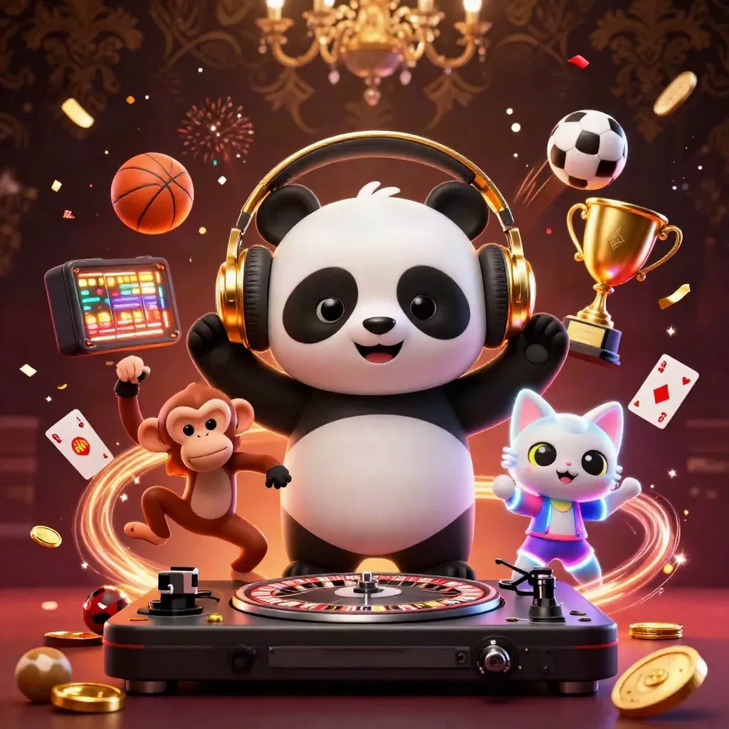 DJ panda, dancing monkey, and glow-stick kitten amid casino props, gold coins, and fireworks