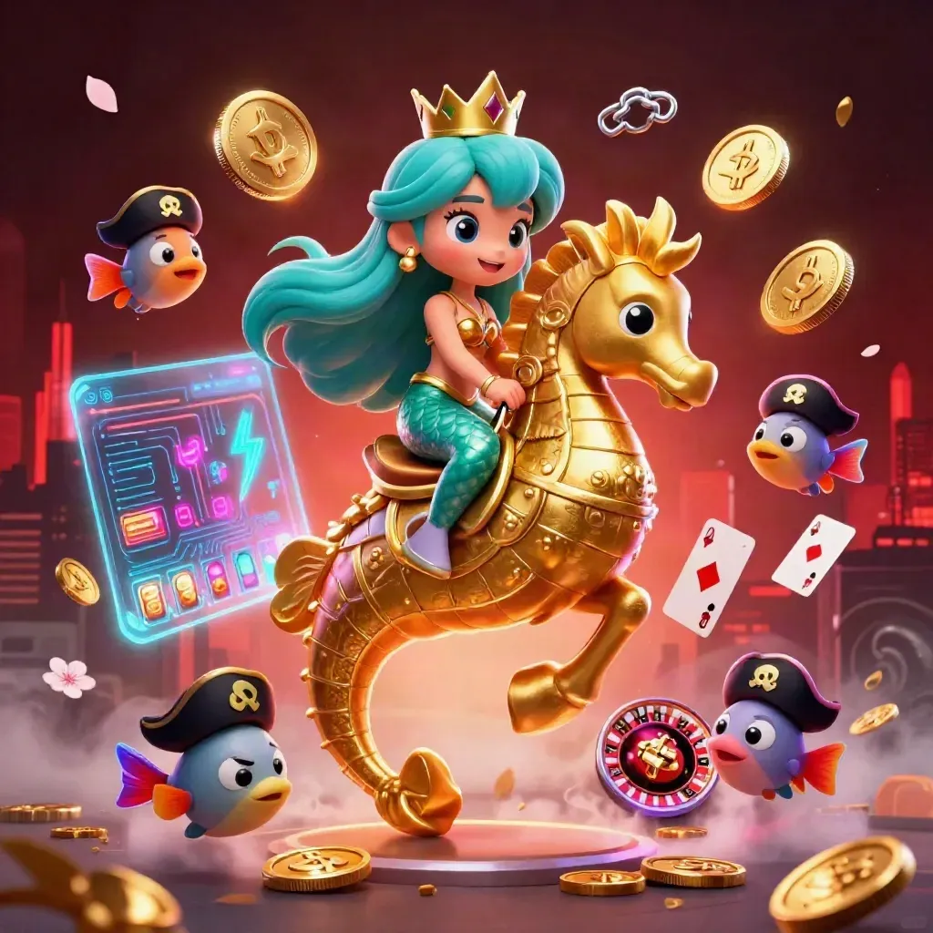 Mermaid princess on a golden seahorse amid coins, neon effects, and pirate fish