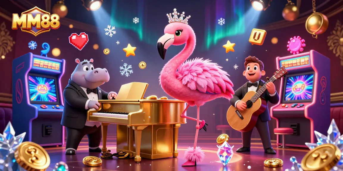 Engage with MM88 in a vibrant casino scene showcasing a flamingo singer and hippo bassist.