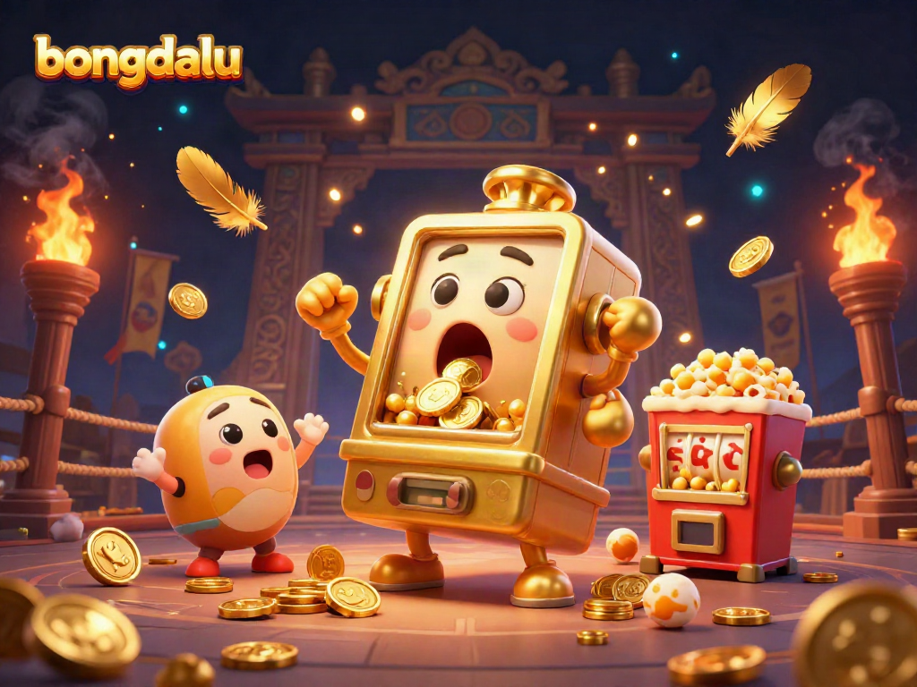 Bongdalu's golden slot machine hits a jackpot, surrounded by cheering machines and vibrant casino elements.