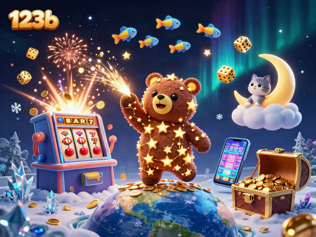 Experience thrilling wins with 123b's vibrant casino scene featuring slot machines and triumphant characters.