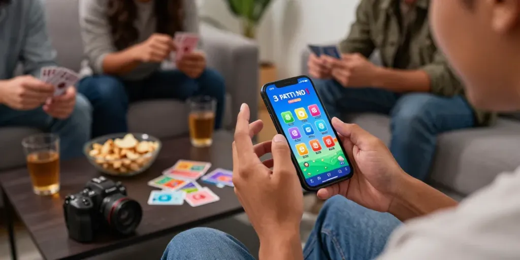 Playful group enjoying 3 Patti No1 mobile gaming experience with vibrant game graphics