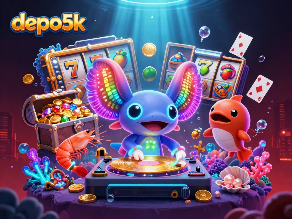 Experience the excitement of depo5k with a vibrant underwater casino scene featuring animated characters and glowing treasures.