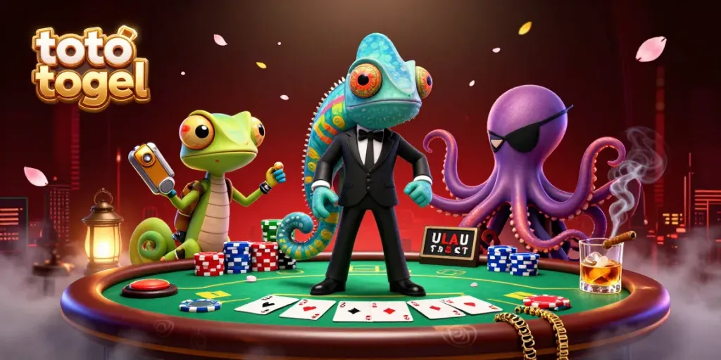 A vibrant scene of a chameleon secret agent and his companions at a poker table showcasing strategic toto togel gameplay.