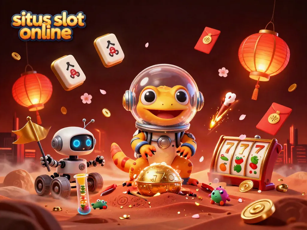 Mengguncang jackpot di situs slot online dengan ilustrasi kartun Martian dan elemen kasino.
