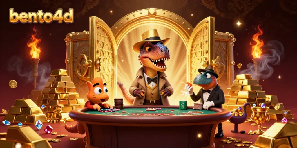 Experience thrilling gameplay with bento4d featuring a velociraptor card counter at a blackjack table.
