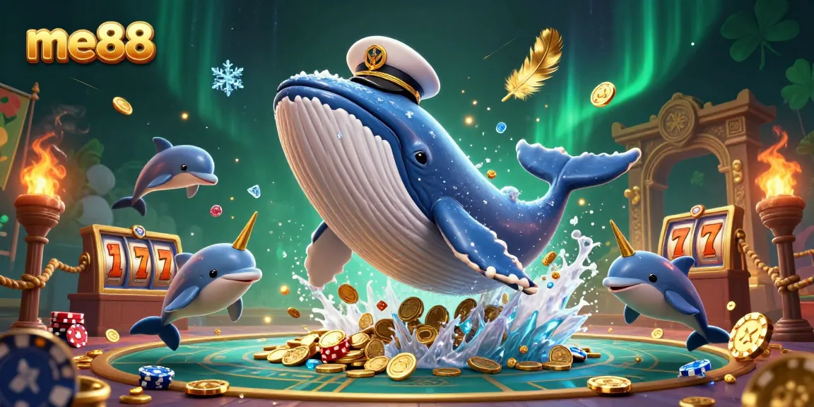 Experience winning moments with me88's colorful casino illustration featuring whales, dolphins, and gold.