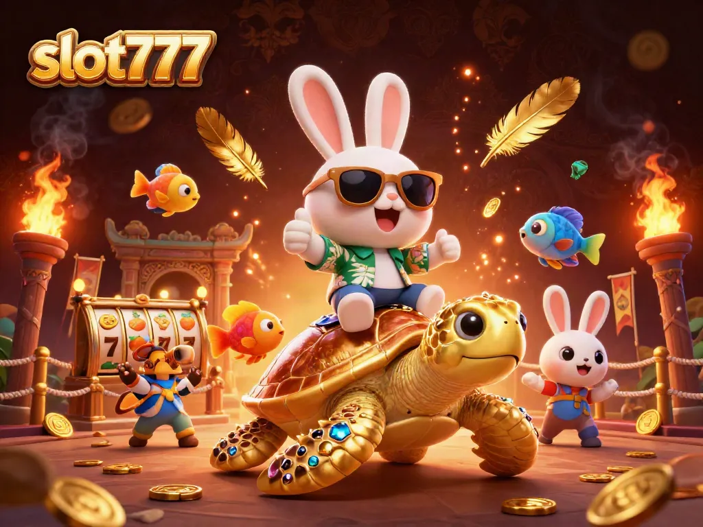 Slot777: Menangkan jackpot dengan simbol keberuntungan dan koin emas berserakan.