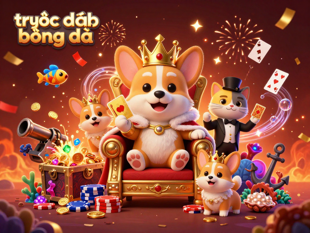 Experience trực tiếp bóng đá excitement with a royal corgi casino scene filled with gems and cards.