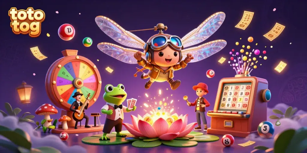 Experience winning thrills with the lively scene of 'toto tog' featuring dragonfly pilot and frog croupier.